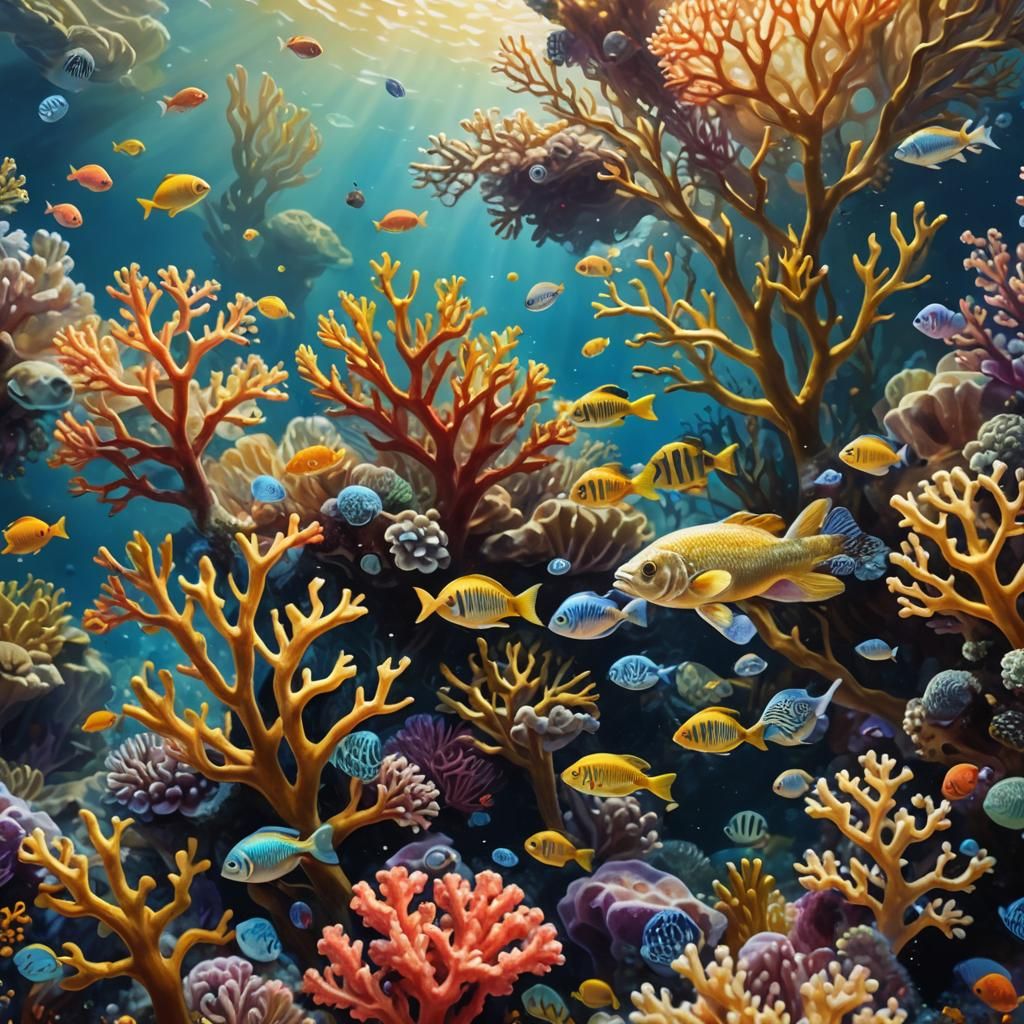 Colorful Coral Reef Ecosystem in Oil Painting