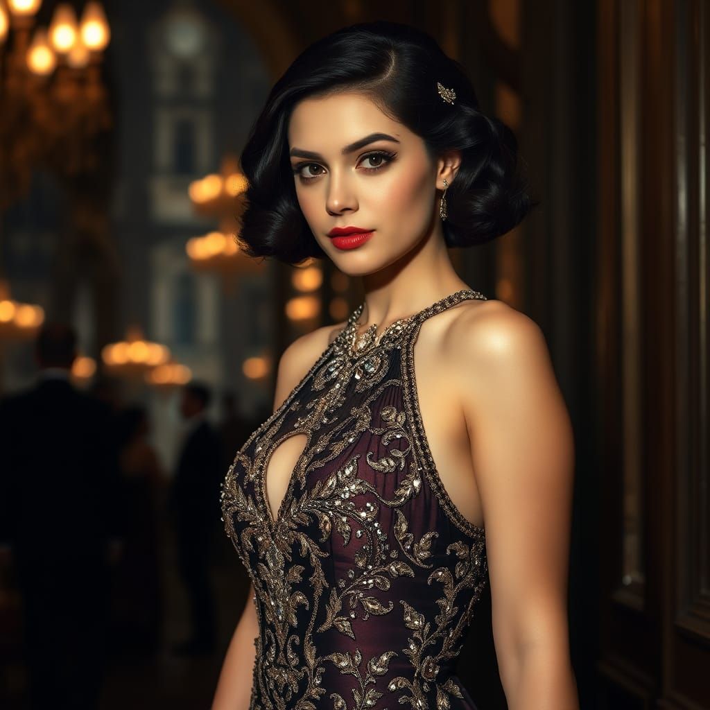 Elegant Woman in 1930s Gown, Art Deco Style