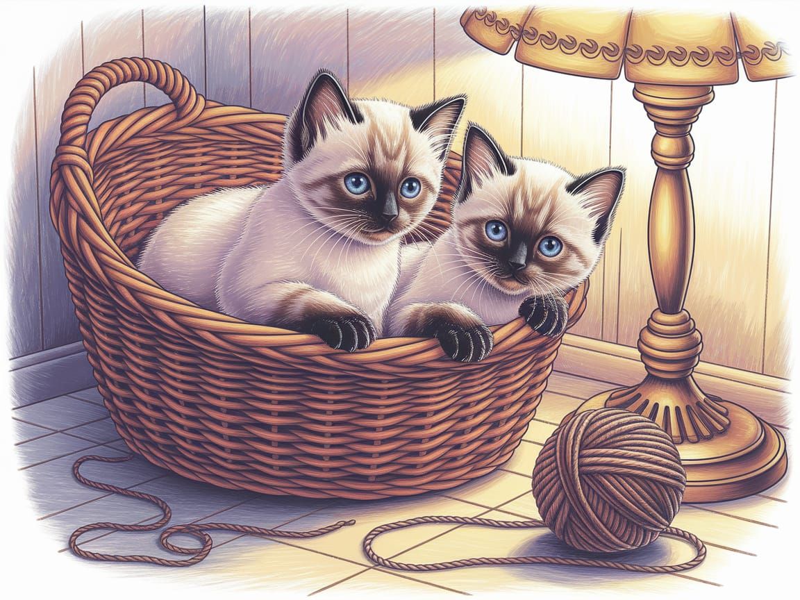Siamese Kittens Play with Yarn in Wicker Basket