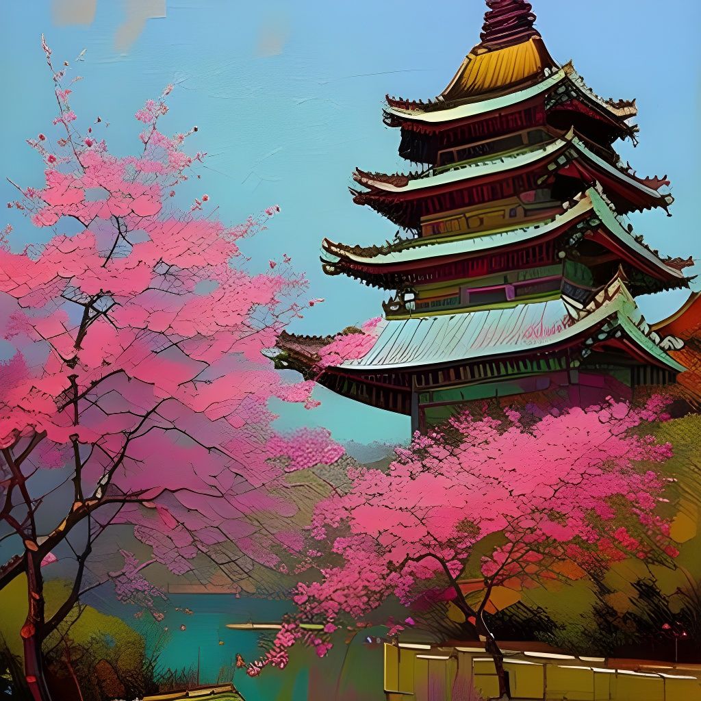 Cherry Blossom Pagoda Inspired by Impasto Painting
