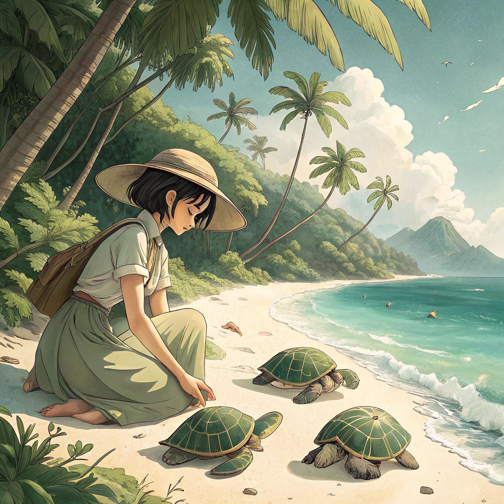 Anime Beach with Turtles in Hyper-Realistic Style