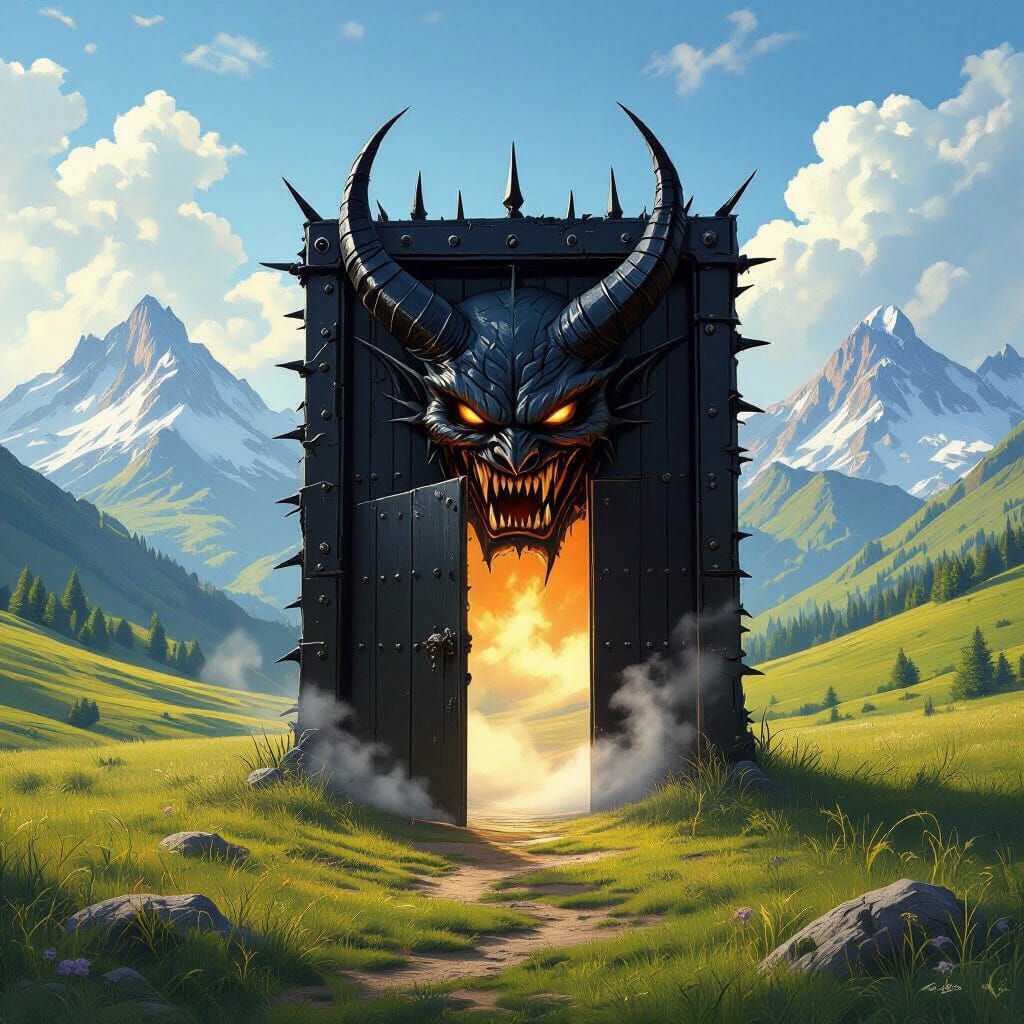 Demonic Door in Serene Meadow: Epic Fantasy Art