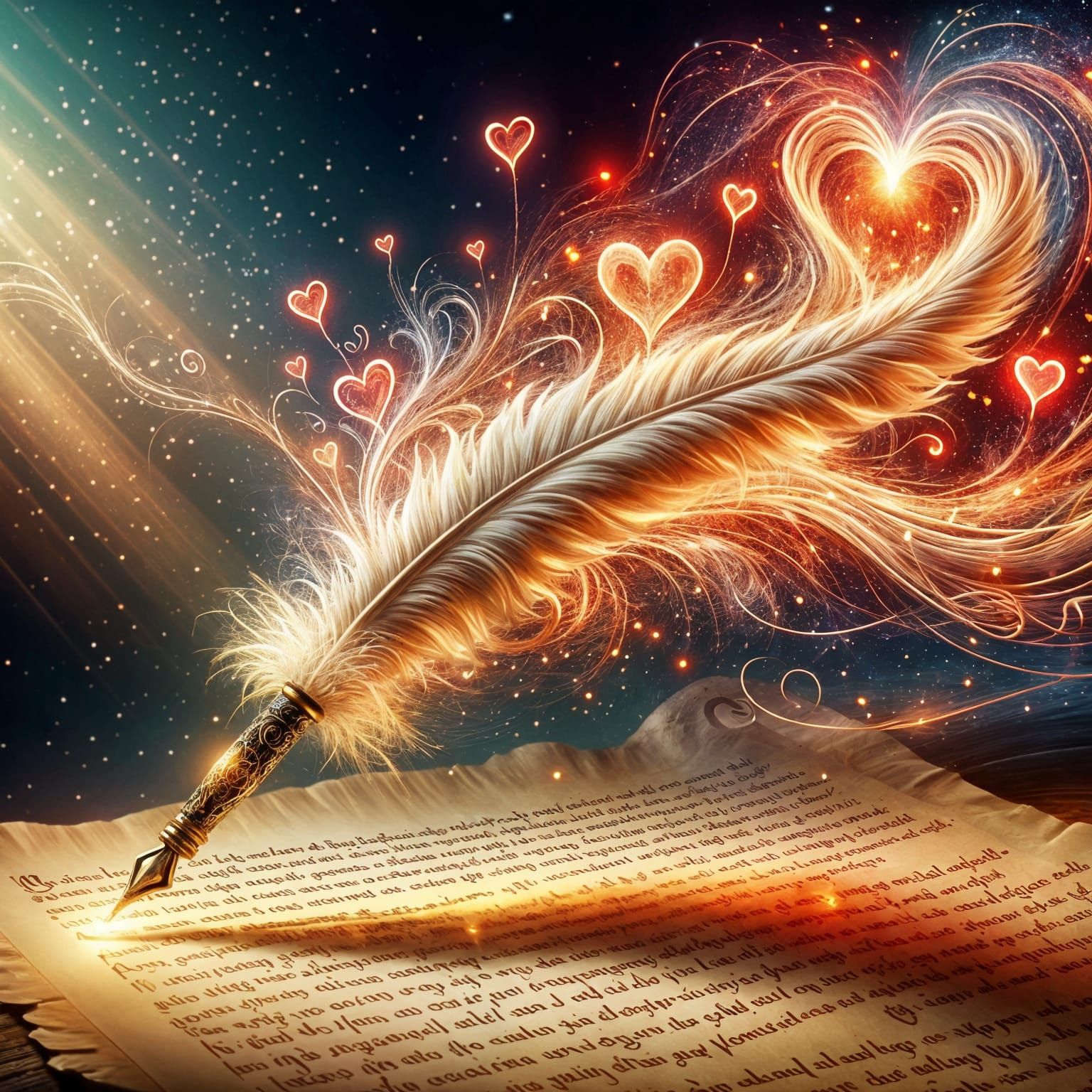 Glowing Quill Pen Writes Heartfelt Verses in Warm Light