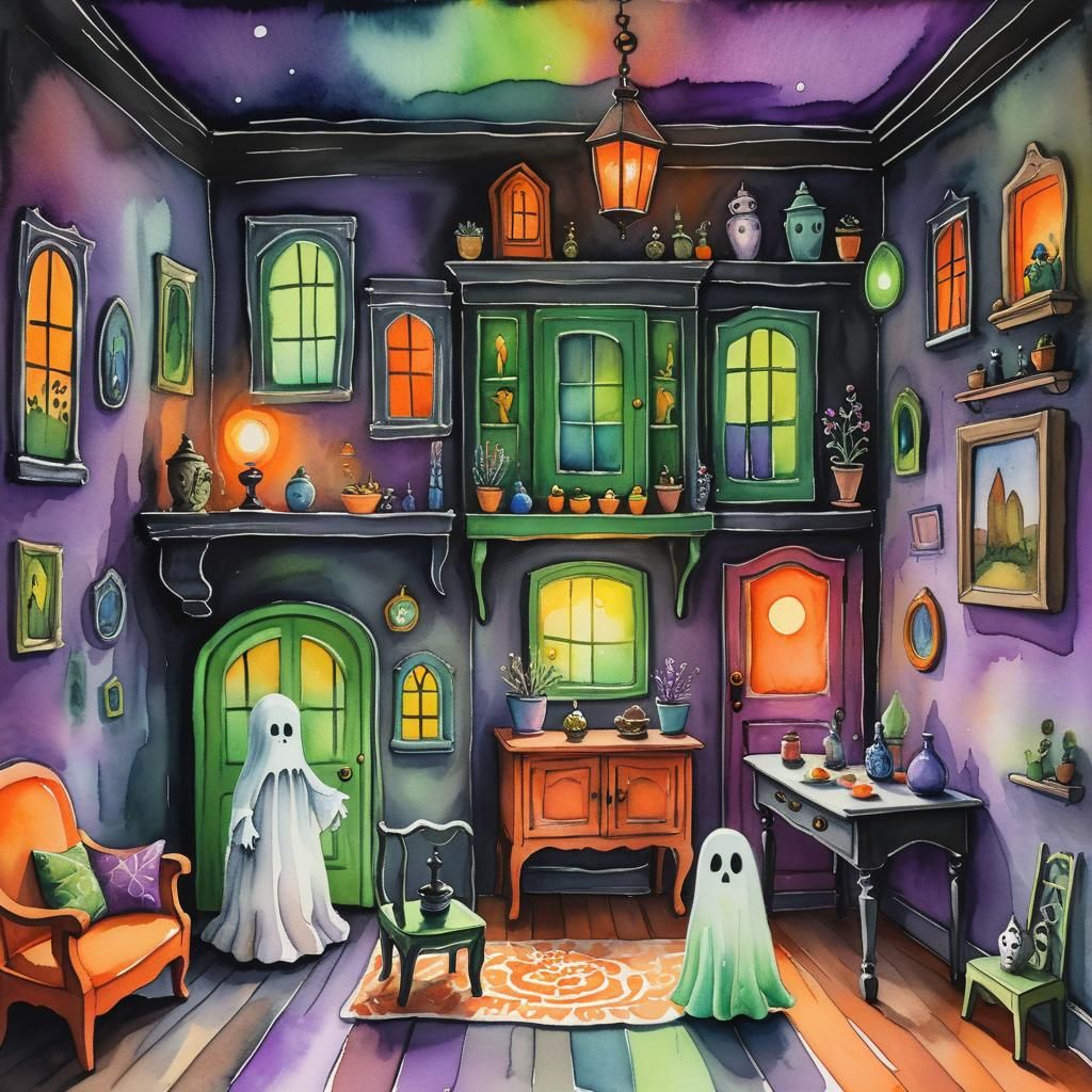 Whimsical Haunted Dollhouse Room in Naive Art Style