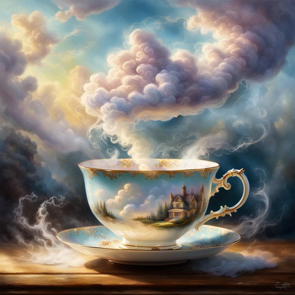 Storm Cloud Swirling in Teacup: Ethereal Fantasy Art