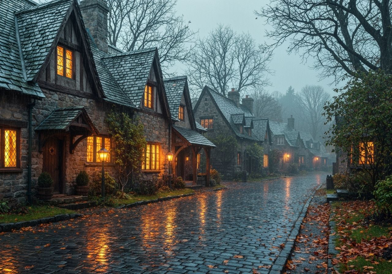 Rainy Autumn Village Street with Golden Light