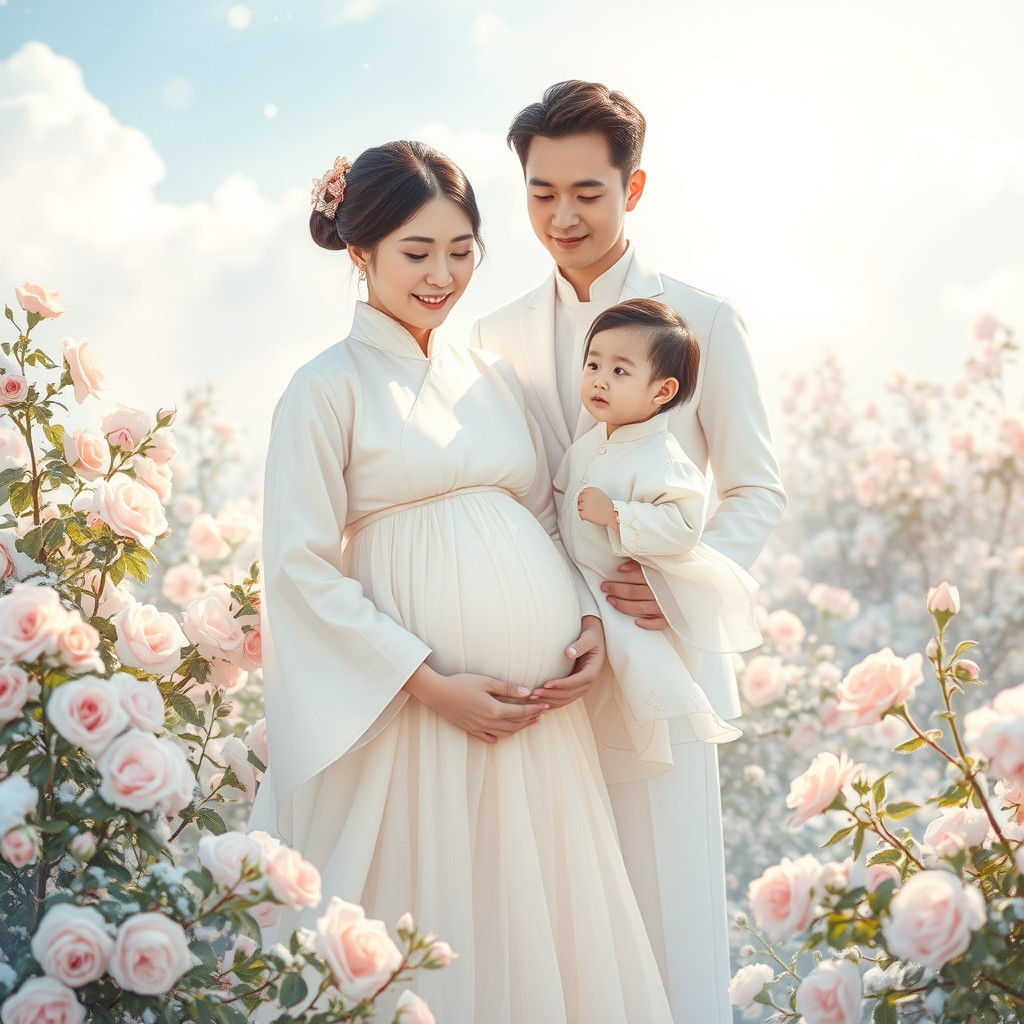 Winter Landscape with Roses and Family in Dreamlike Style