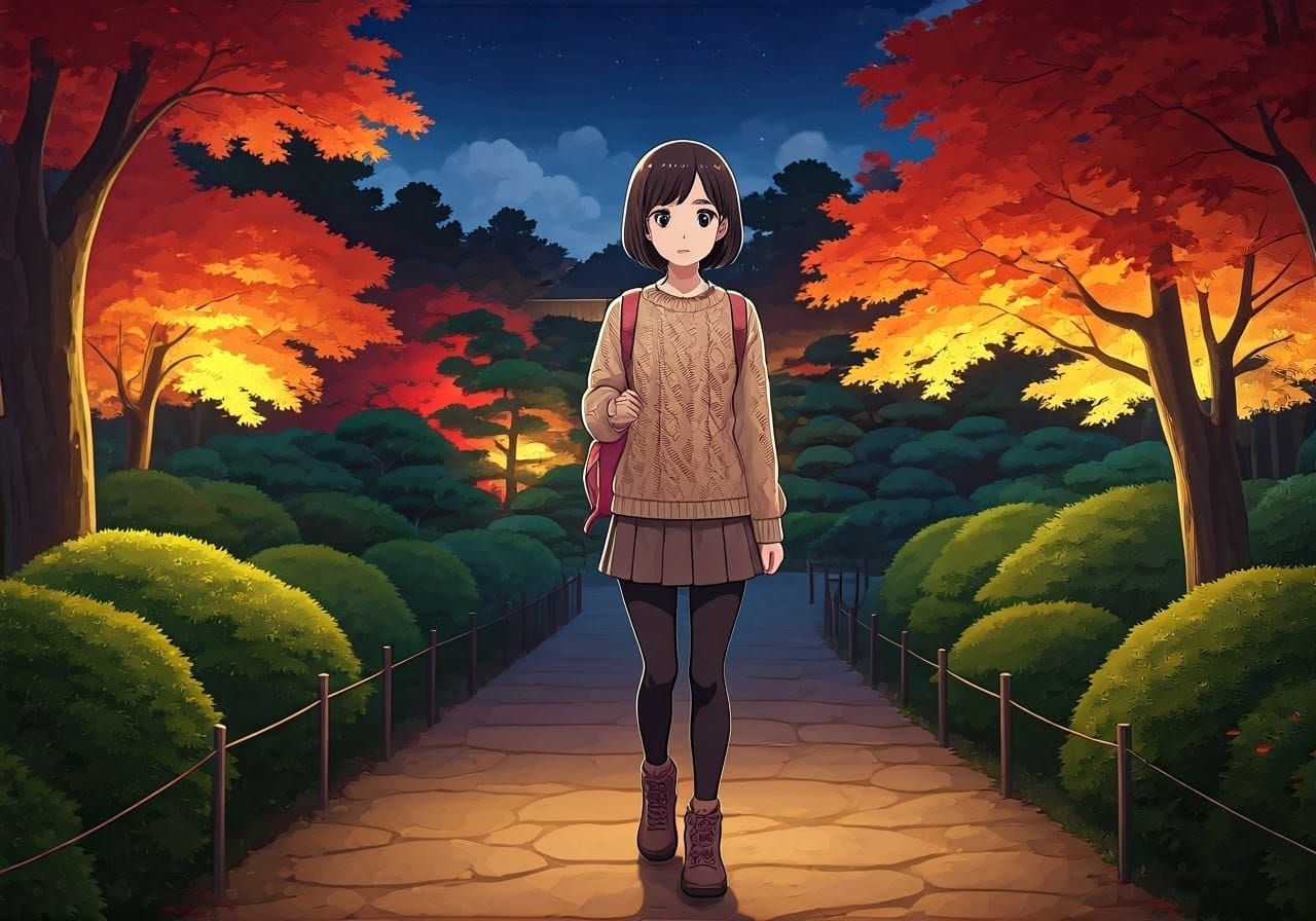Autumn Hike in Kyoto Garden, Ghibli-Inspired Anime