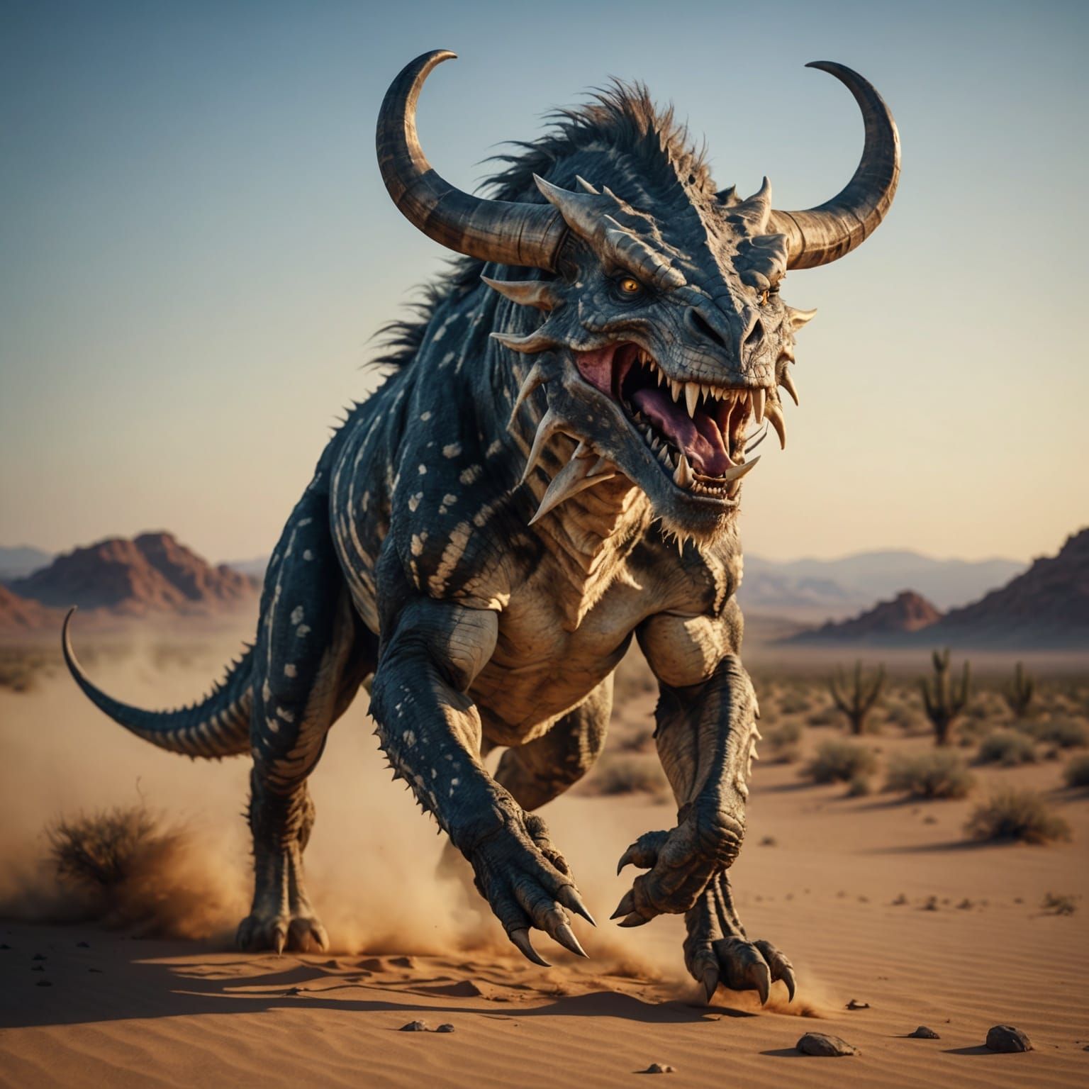 Hyperrealistic Smilodon Running in Desert at Dusk