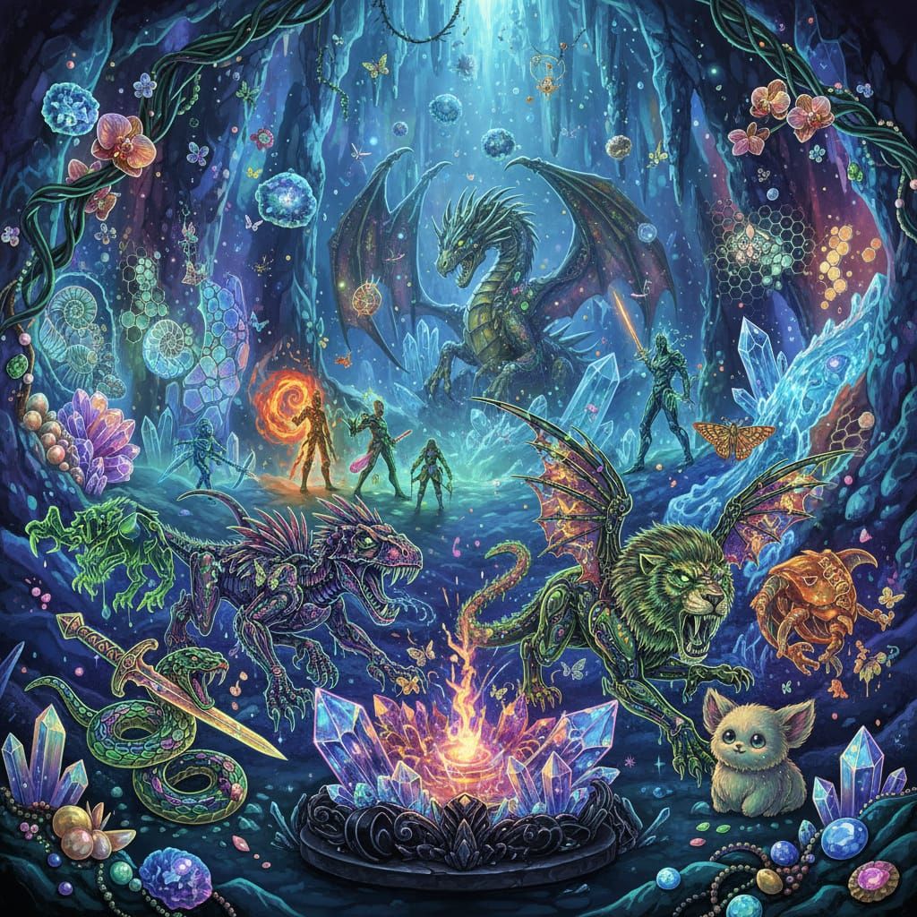 Bioluminescent Crystal Cavern with RPG Elements in Neon Ink ...