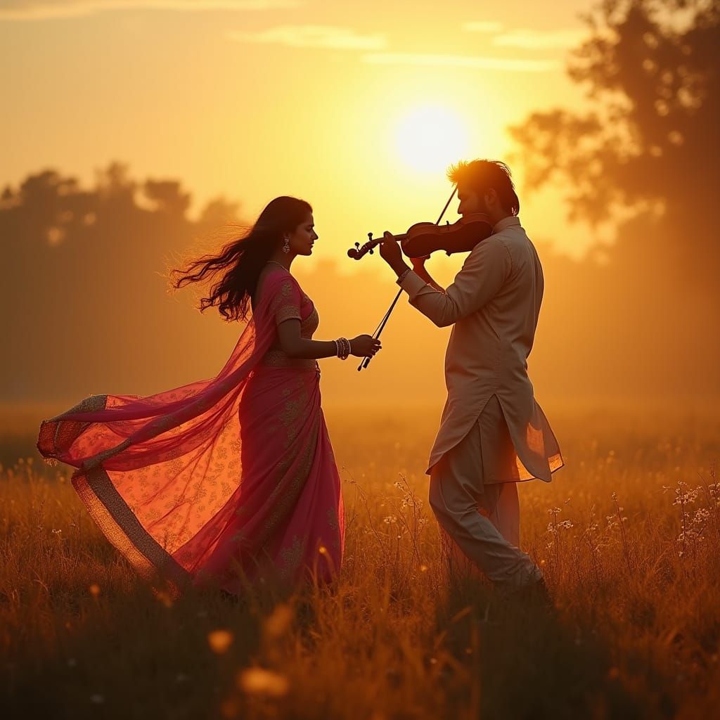Romantic Indian Couple in Dreamlike Sunset Landscape