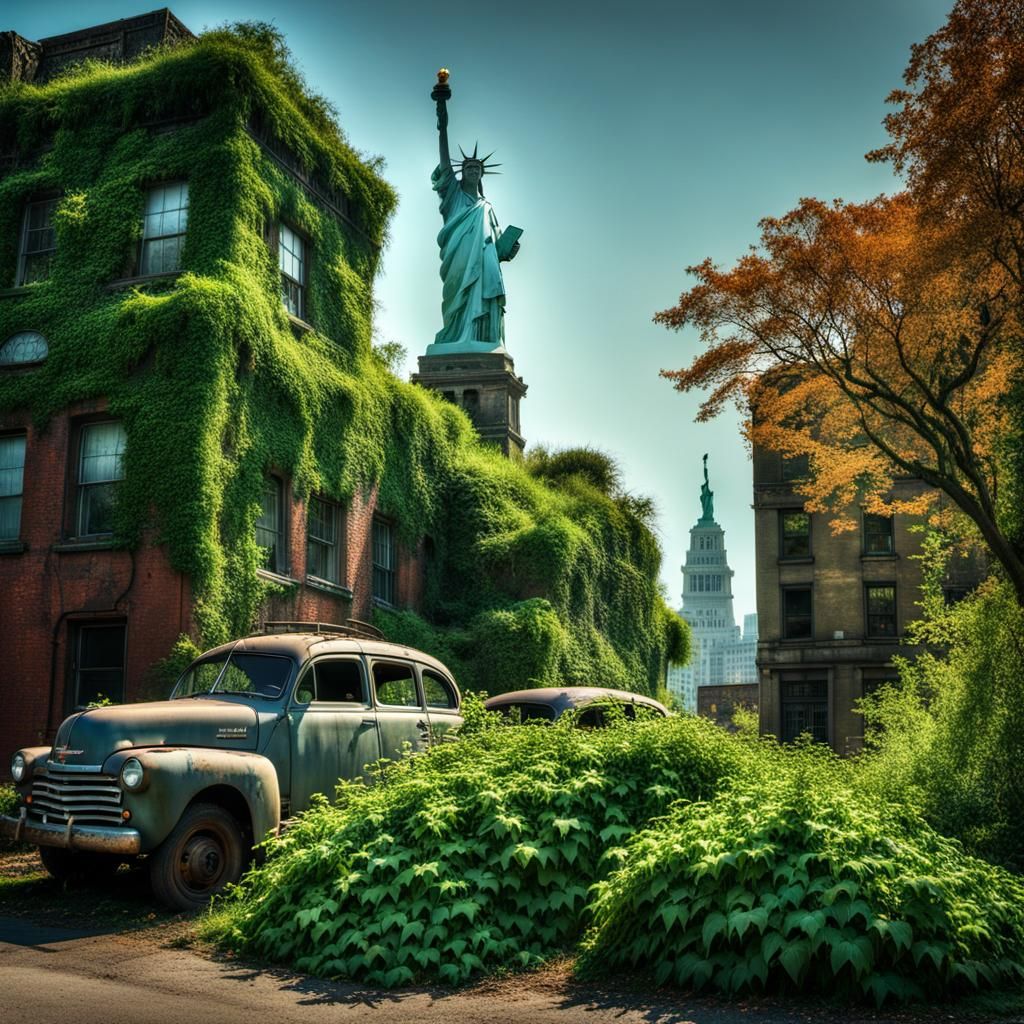 a once lively metropolis now completely overgrown with flora, statue of liberty clad in ivy, streets empty and silent, n...