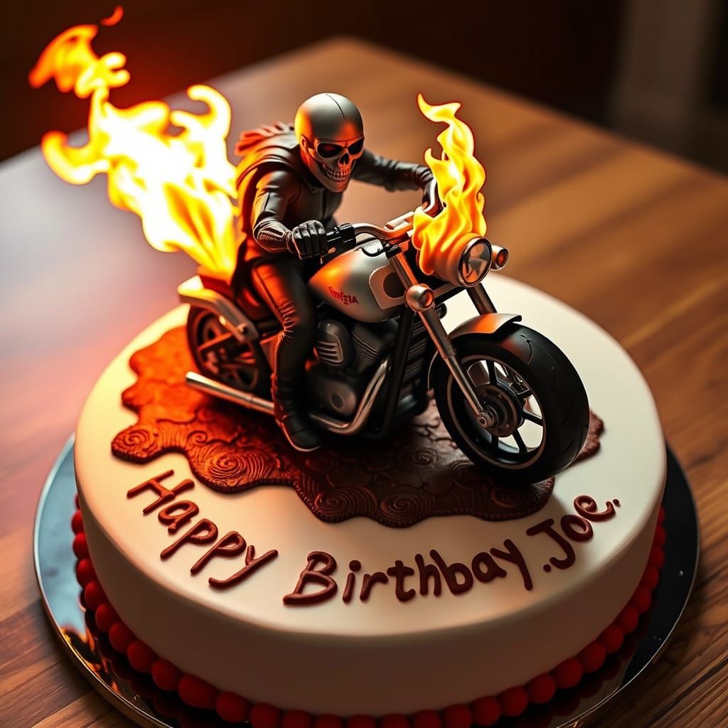 Biker Birthday Cake in Dynamic Lighting, With Fire on the Sk...