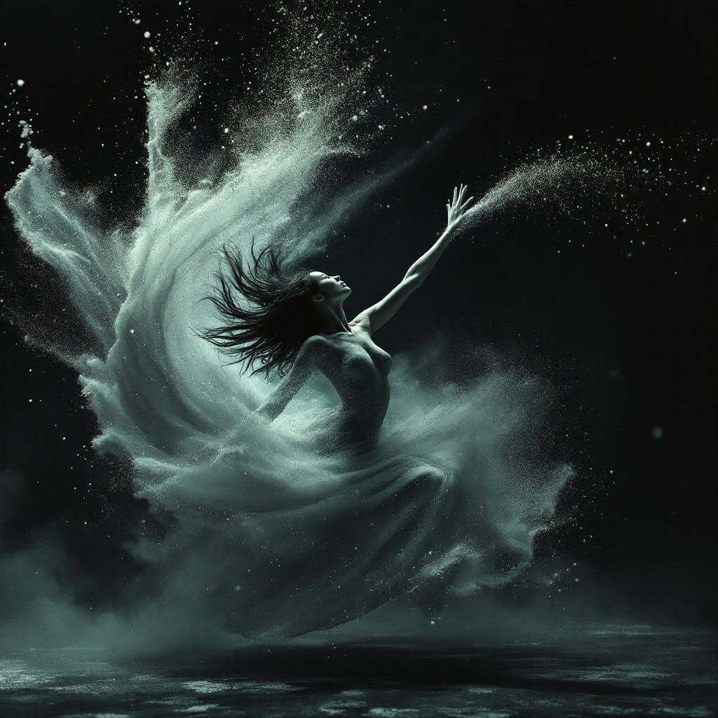 Dancer Suspended in Whirling Dust Clouds, Cinematic Film Sti...