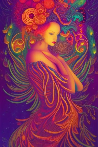 Celestial Women in Neon Lighting, Magic Realism Style