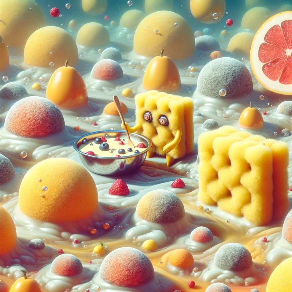 Spongebob Creates Fruit Salad in Surreal Underwater World