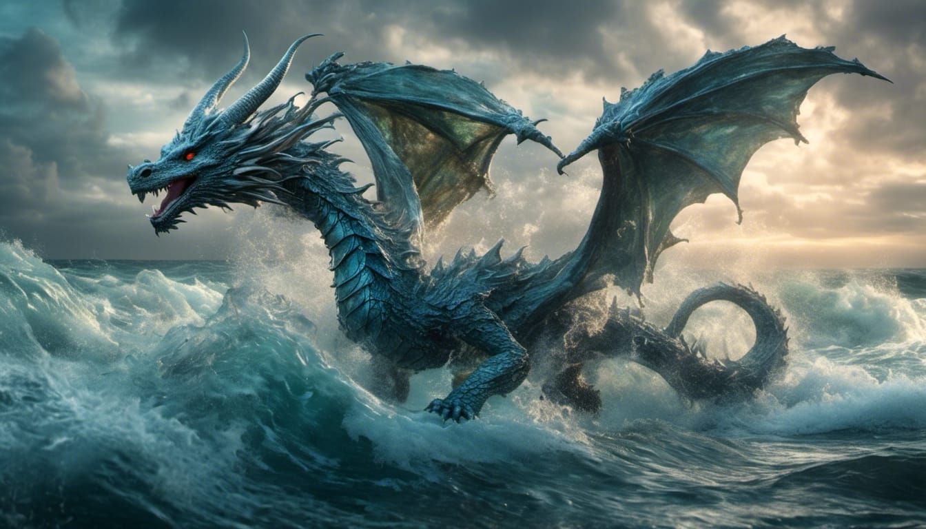 Mythical Water Dragon Rising from the Waves