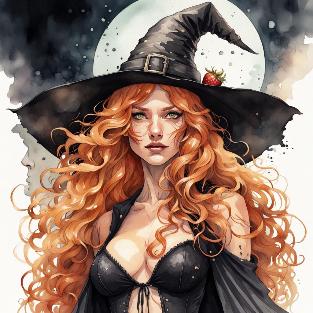 Halloween Witch Portrait in Watercolor Ink Fantasy