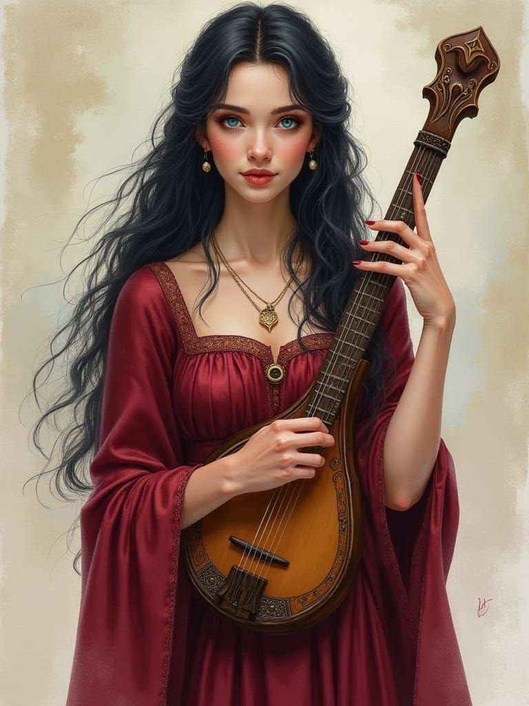 Beautiful Elf Bard with Lyre in Watercolor Style
