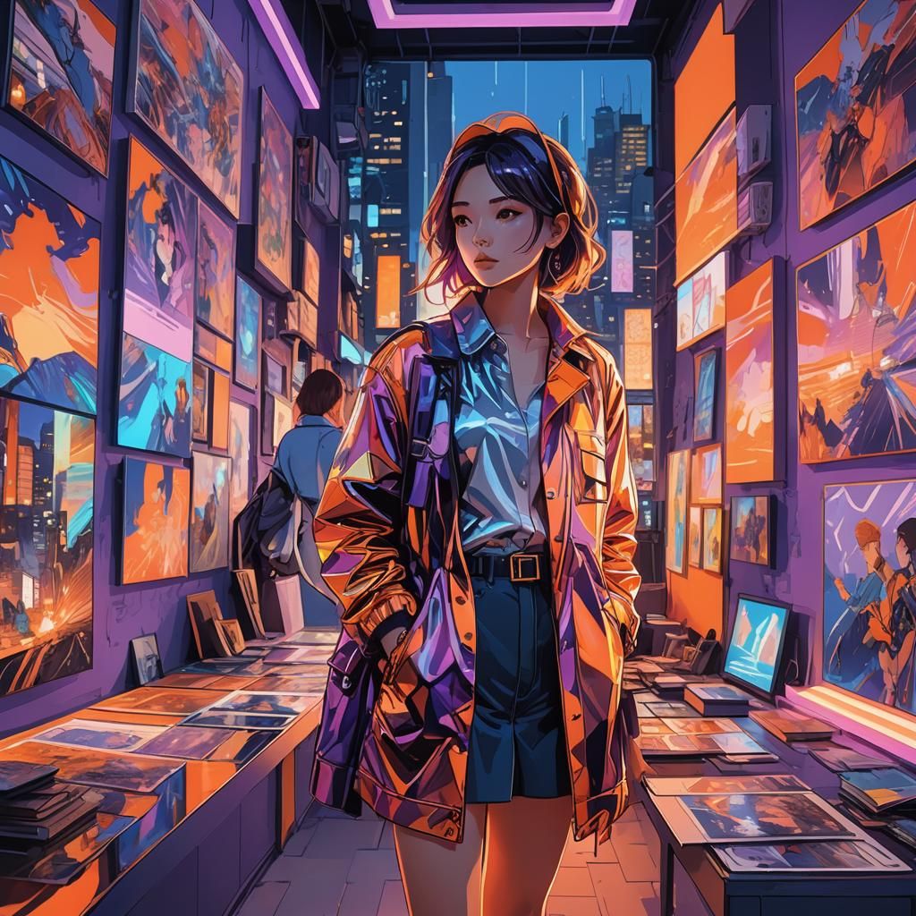 Anime Woman Admiring Art in Neon Gallery
