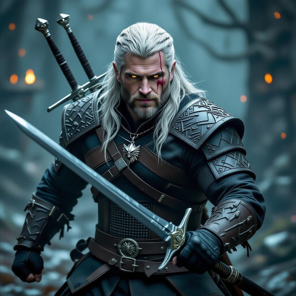 Geralt of Rivia Battles Monster: Gothic Fantasy Art