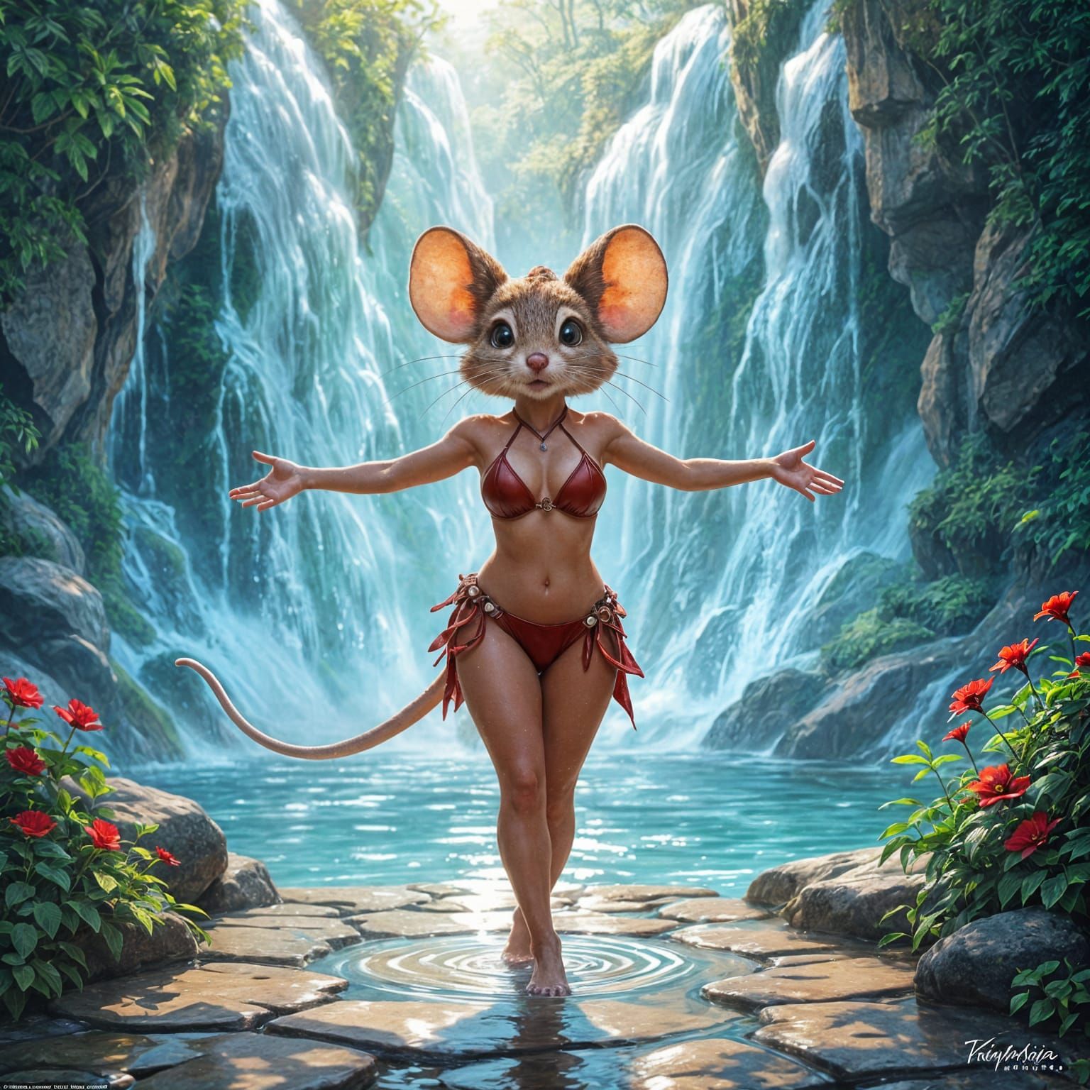Anthropomorphic Mouse in Red Bikini Under Waterfall