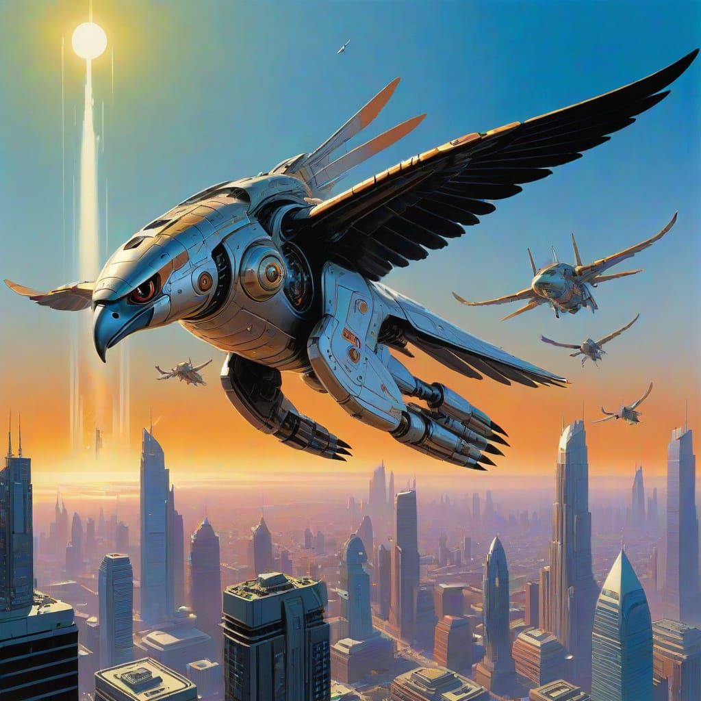 A majestic robotic falcon soars through the skies above a fu...