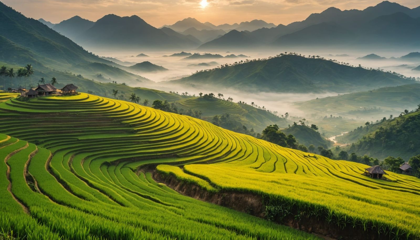 Misty Terraced Rice Fields of Vietnam at Dawn