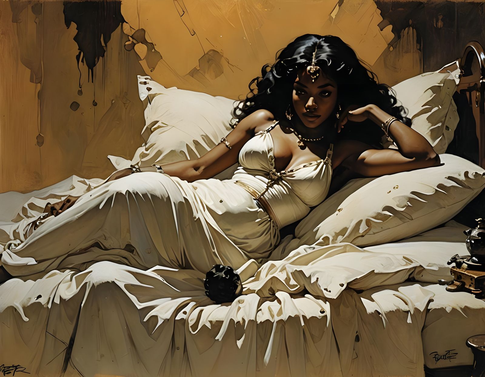 Frazetta-Inspired Black Woman in Repose