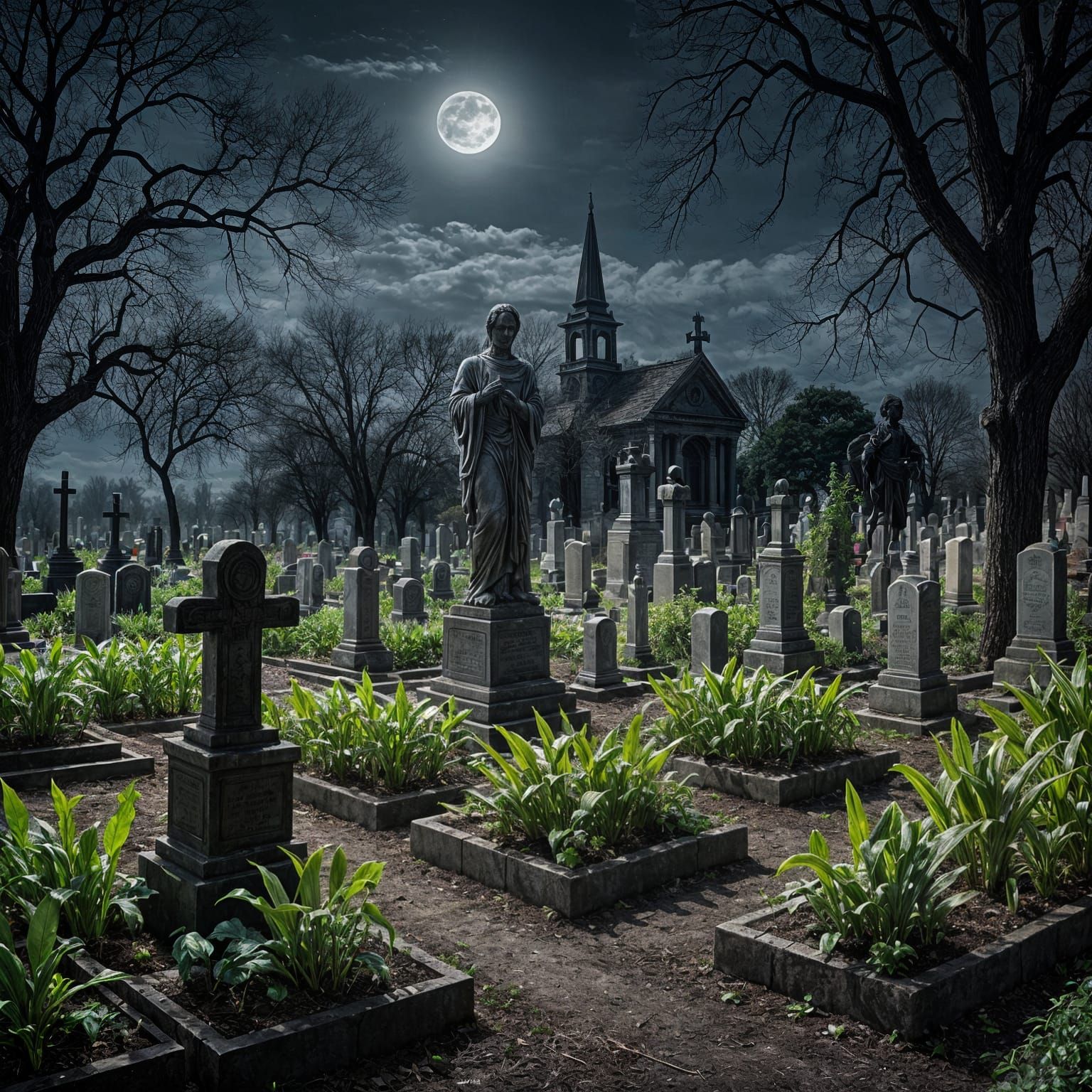 Eerie Vegetable Garden in Graveyard with Moonlight
