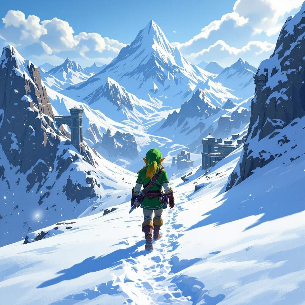 Link's Snowy Mountain Trek in Hyrule Anime Style