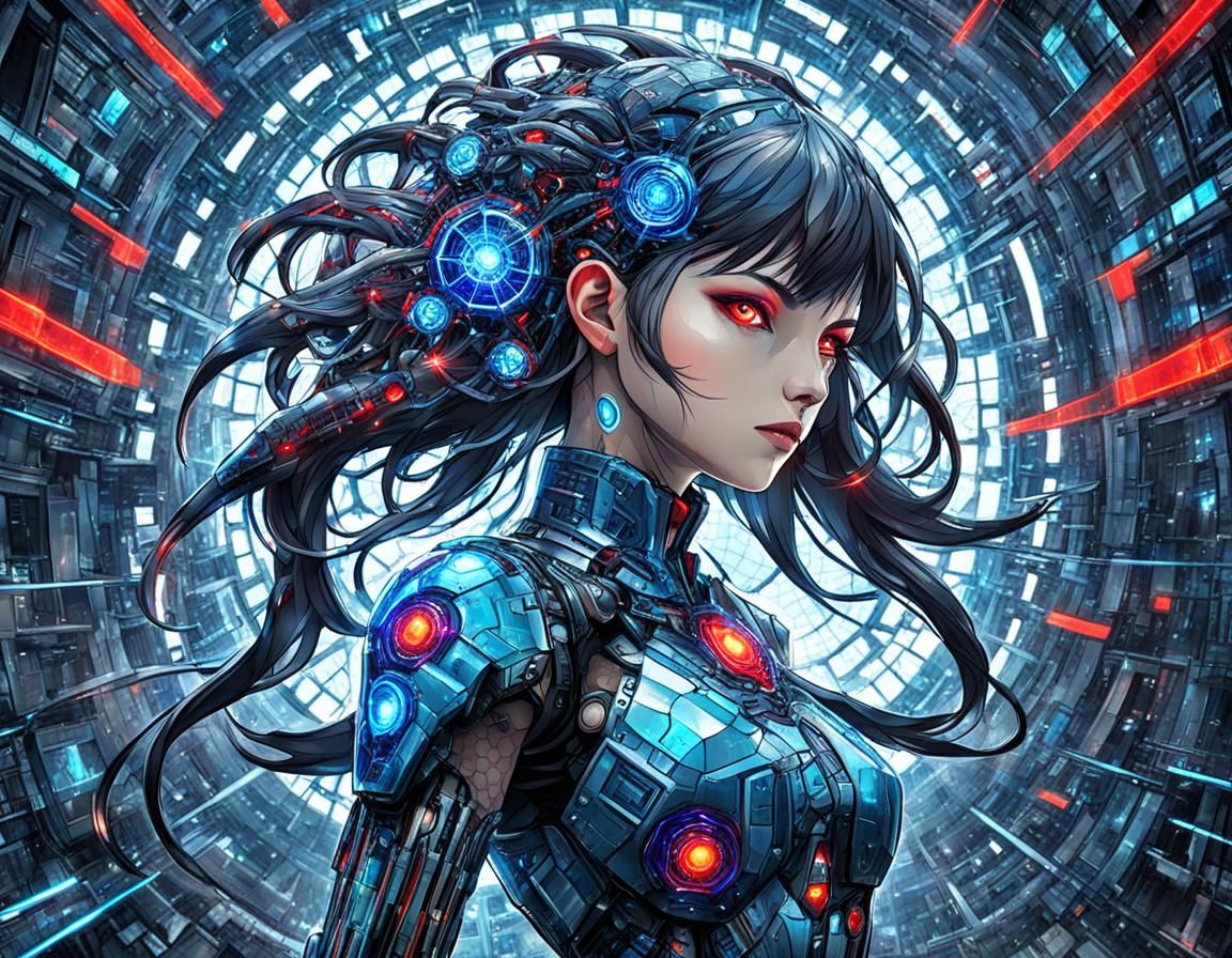 Cyborg Anime Girl in Cyberpunk Fractal Art