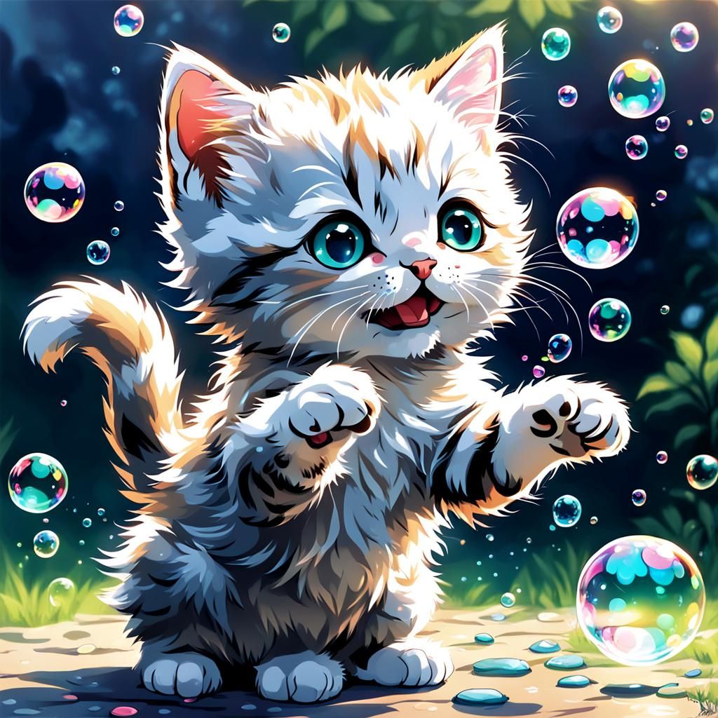 Cute Kitten Playing with Bubbles in Anime Style