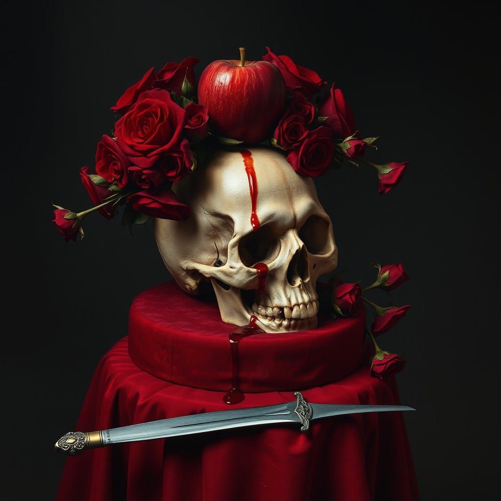 Crimson Apple Beside a Skull in a Macabre Still Life