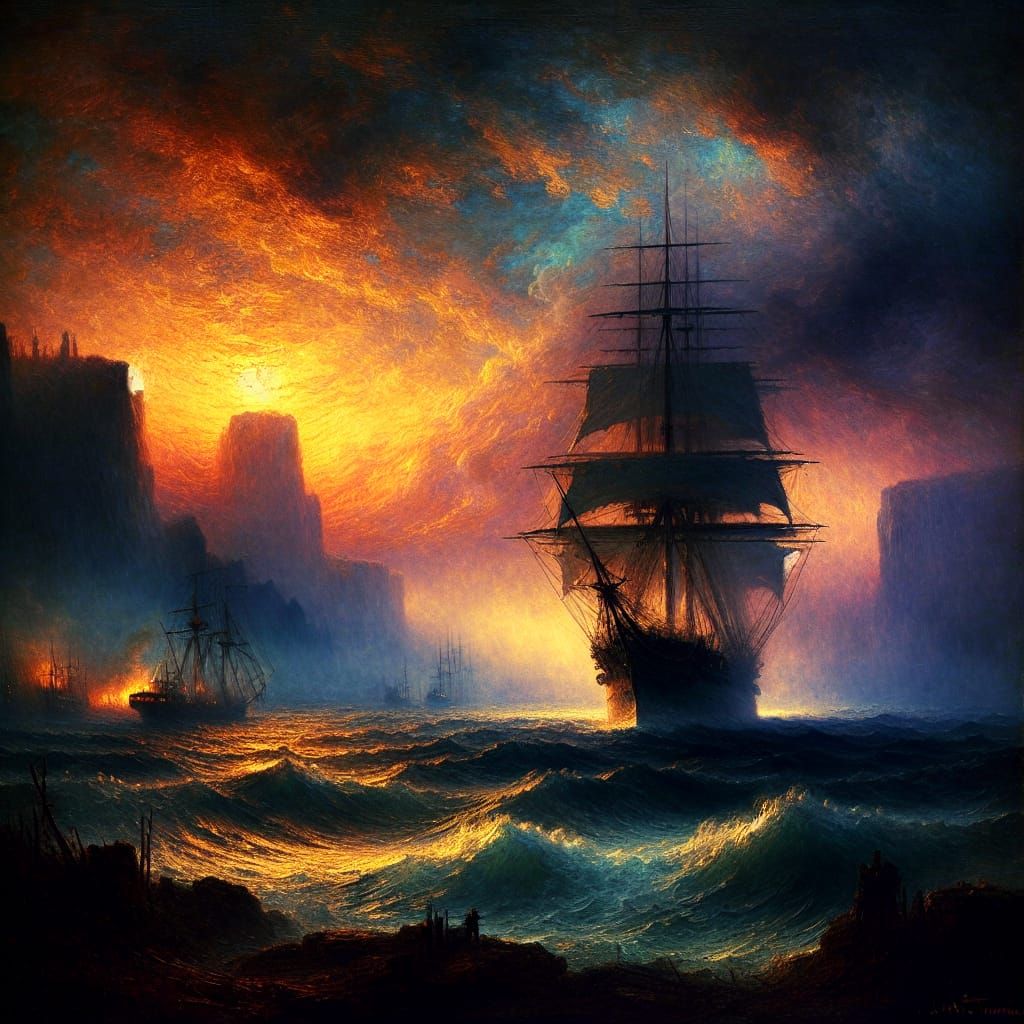 Romantic Seascape: Ship at Sunset in Oil
