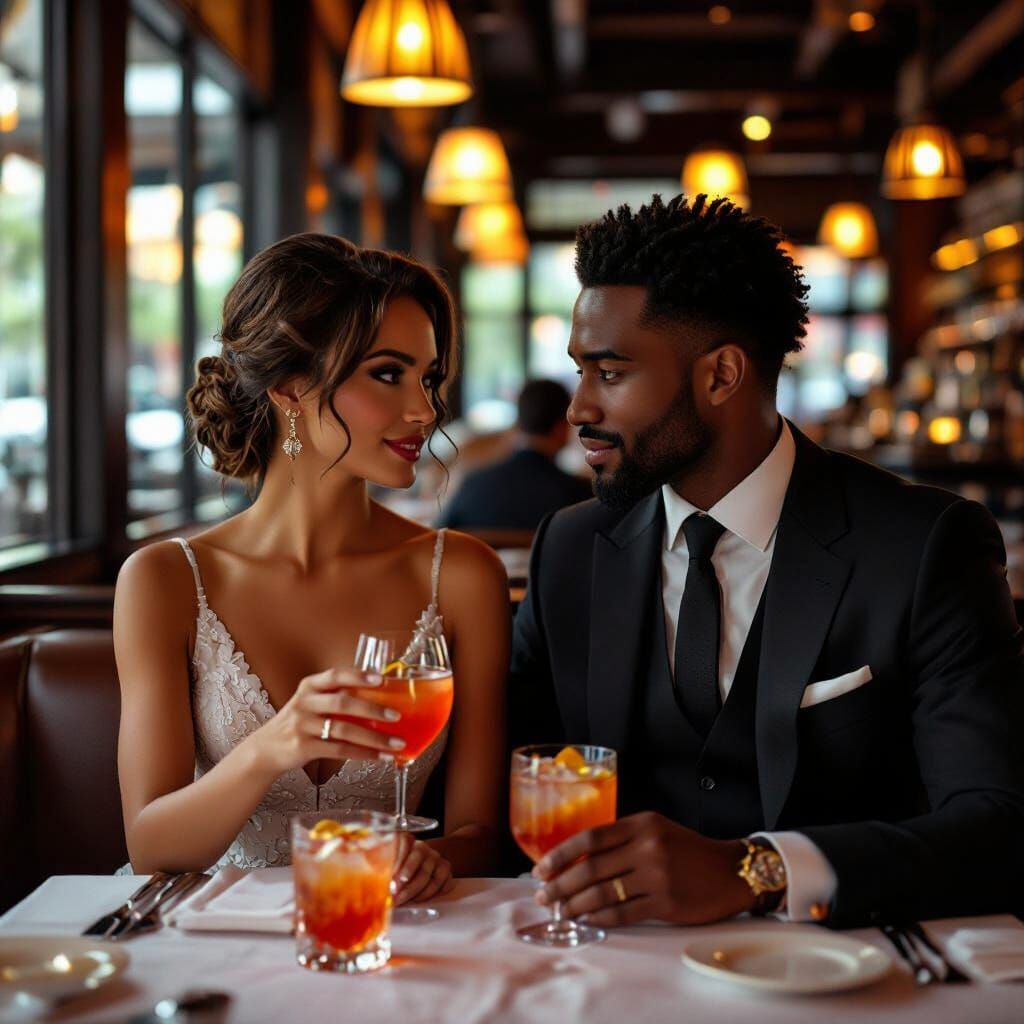 Interracial Couple Enjoying Cocktails in Hyperrealistic Styl...