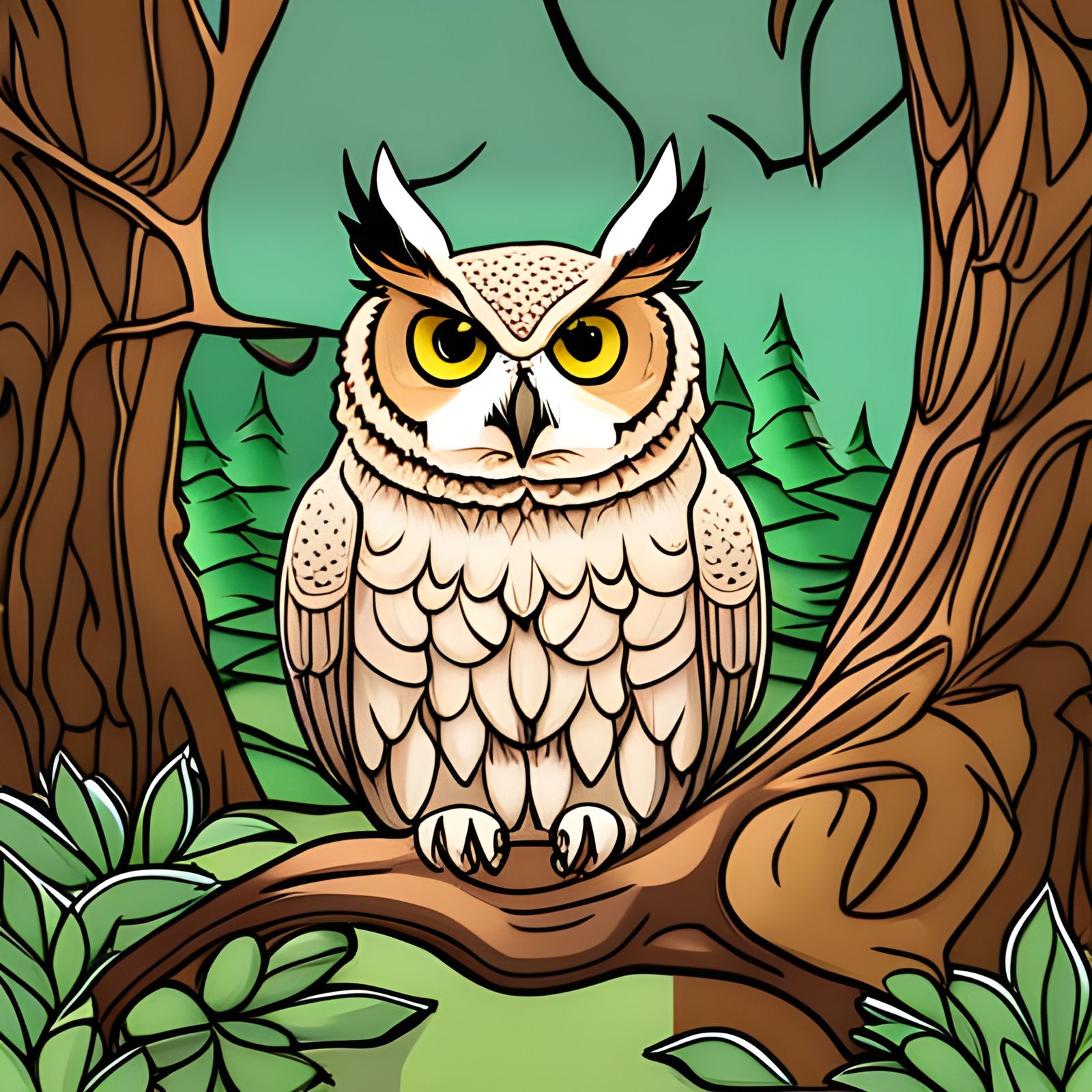 Horned Owl in Forest: Coloring Book Style
