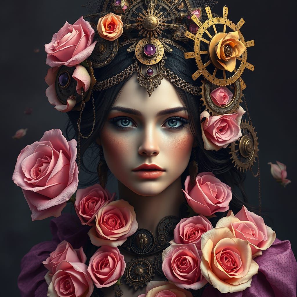 A captivating portrait painting blending steampunk elements with floral accents, showcasing a character adorned with pin...