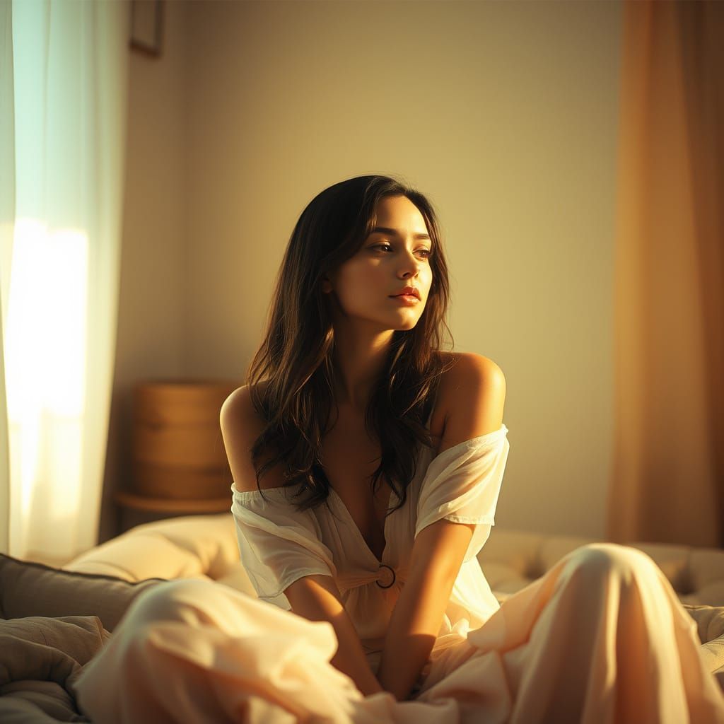 Ethereal Woman in Tranquil Pastel Landscape