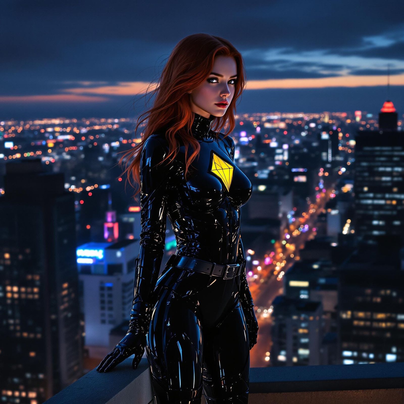 Red-Haired Heroine on City Ledge at Dusk