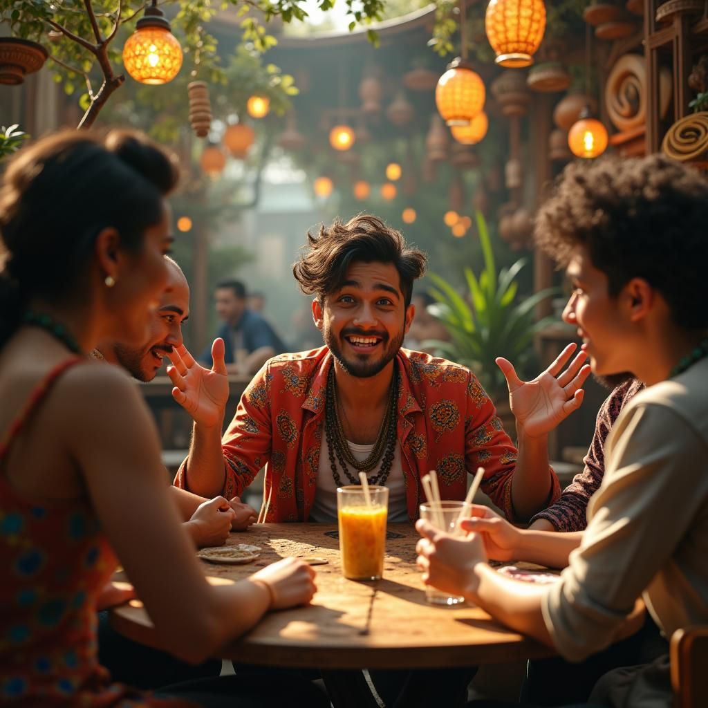 Mystical Cafe Scene: Friends Conversing in Fantasy Style