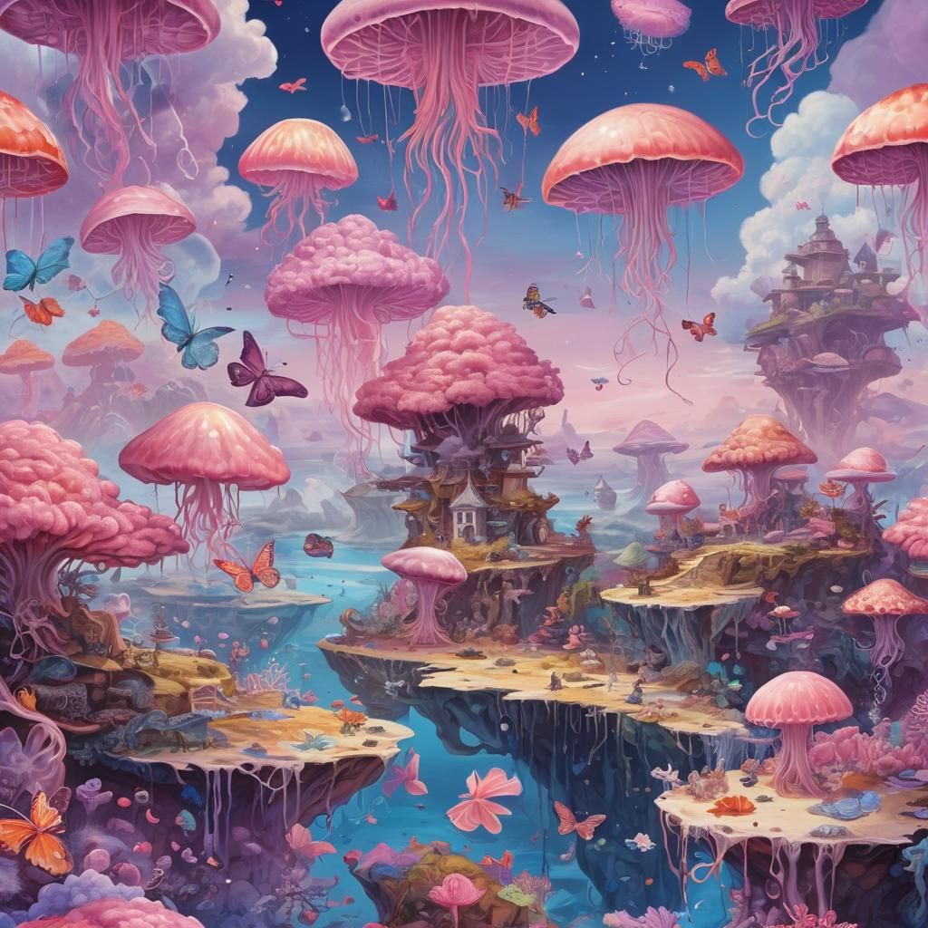 Surreal Landscape with Floating Islands and Ethereal Beings