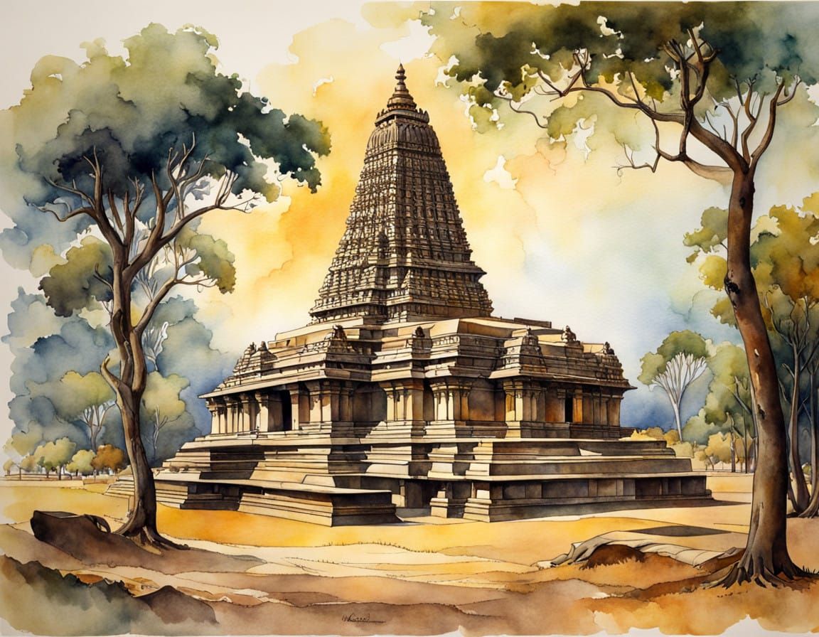 Eternal India Shore Temple in Vibrant Watercolor