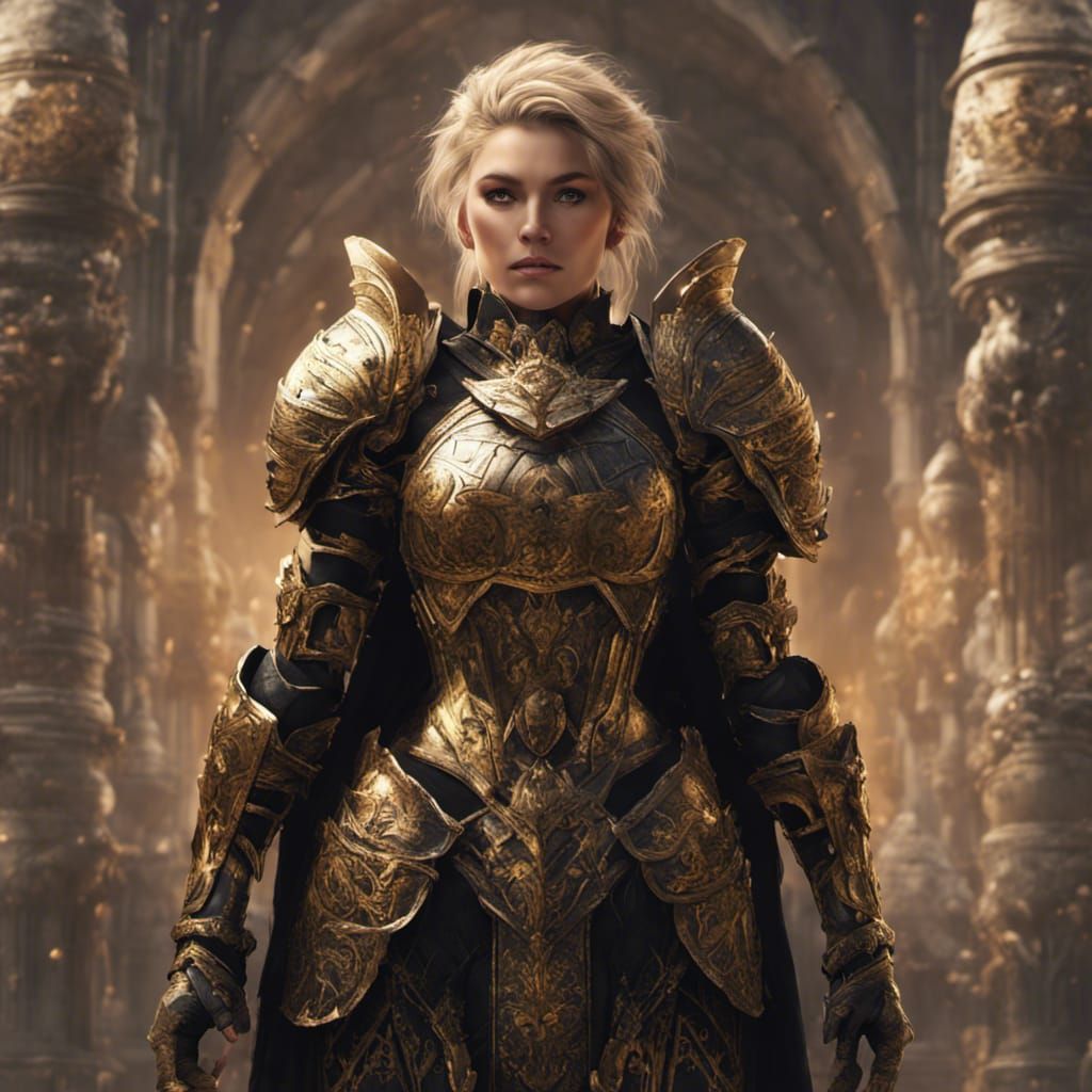 Female Paladin in Black and Gold Armor