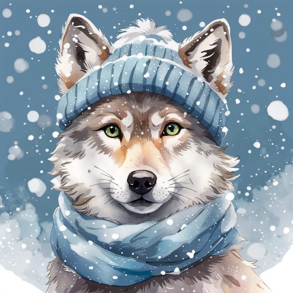 Cute Wolf Portrait in Snowy Anime Watercolor Style