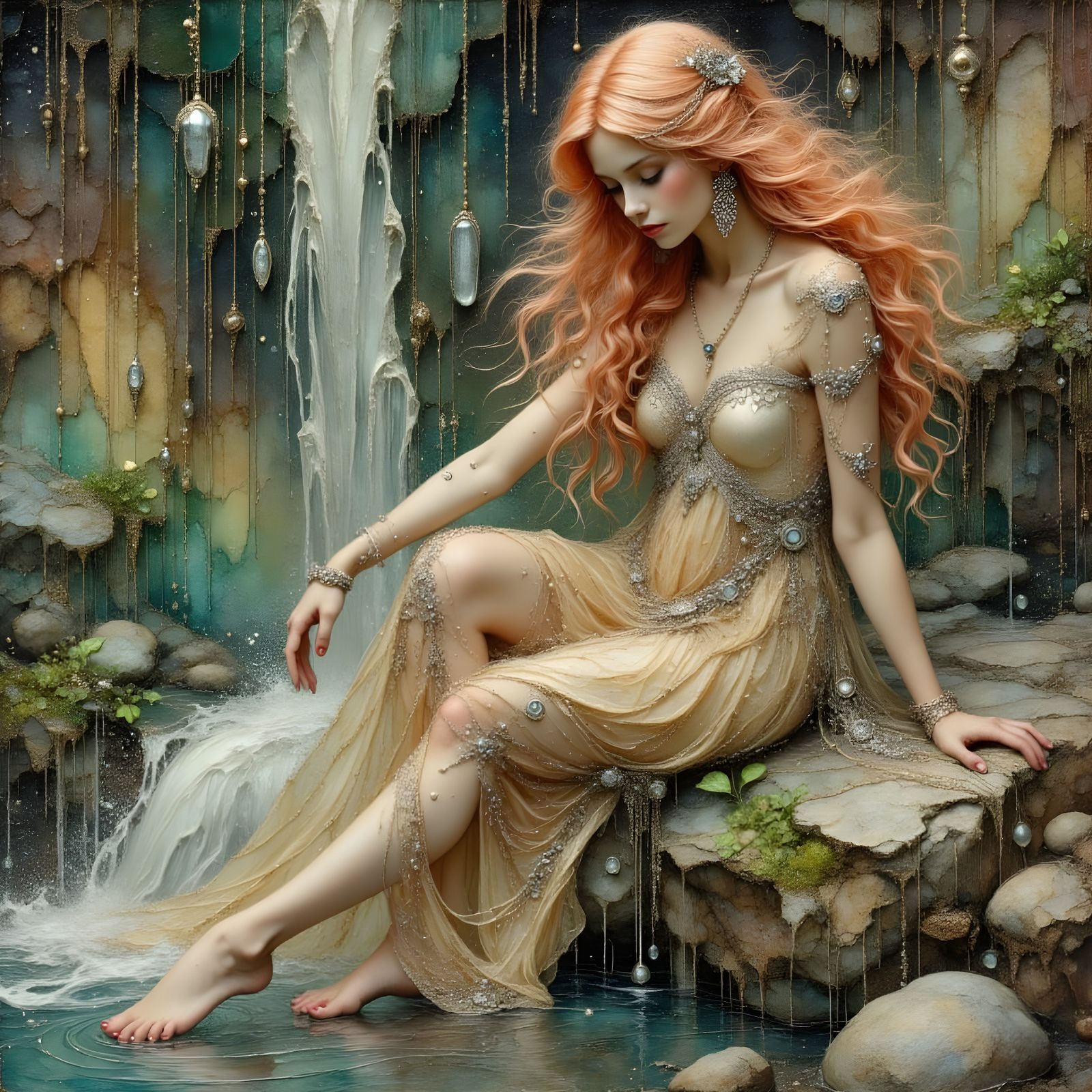 Water Nymph by Hidden Waterfall in Ethereal Light
