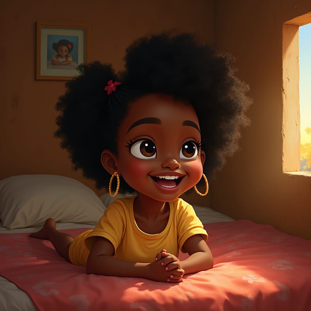 Young African Girl Smiles in Cozy Earth-Hued Hut