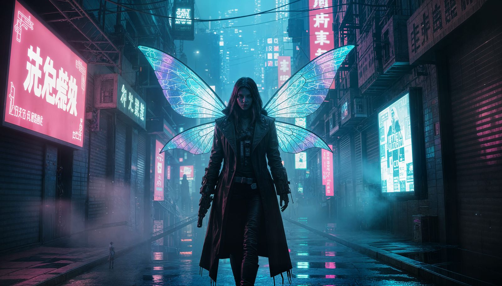 Cyberpunk Fairy in Neon Alleyway