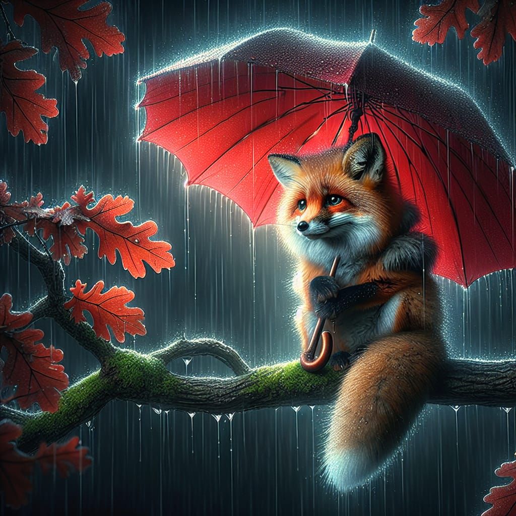 Fox with Red Umbrella in Hyperrealistic Style