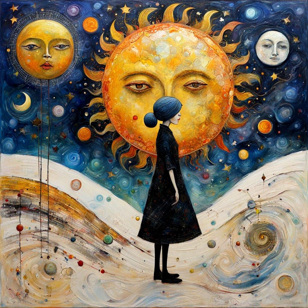 Encaustic Painting of Sun and Moon Dancing in Solar System